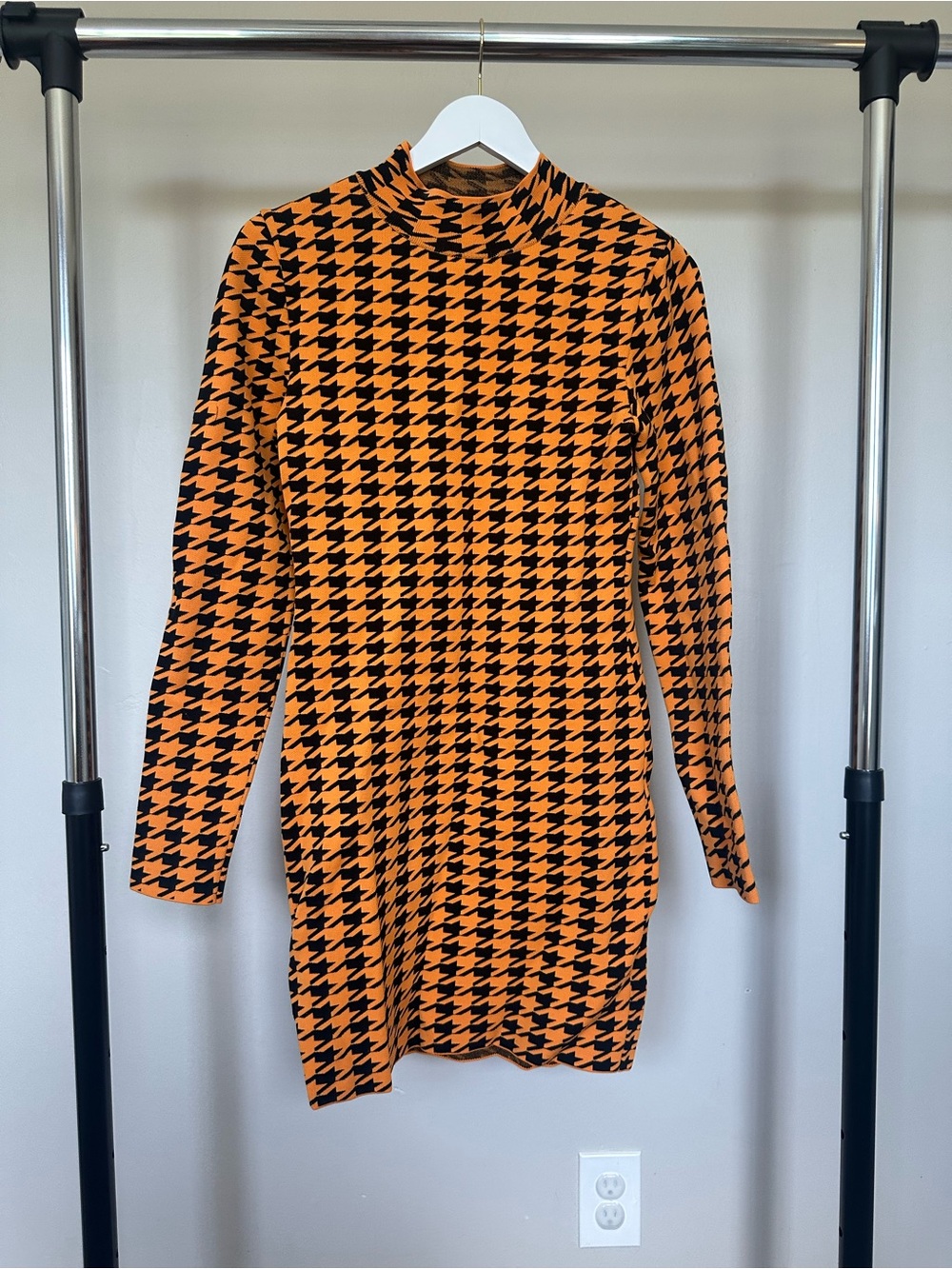 River Island Orange & Black Houndstooth Mock Neck Long Sleeve Dress